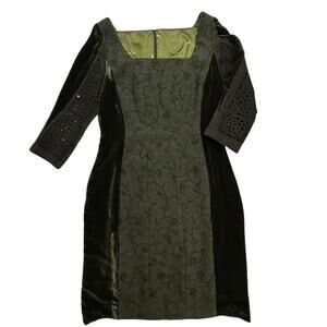 Emanuel Ungaro Paris Velvet Mixed Media Dress Olive Embroidered Artwear